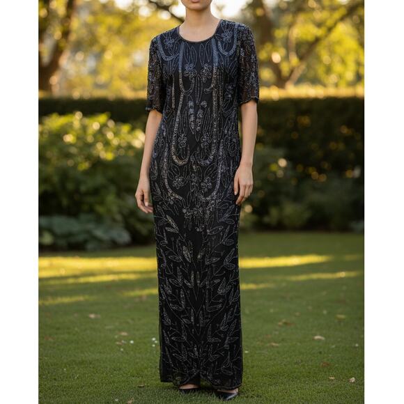 Vintage 80s Black Beaded Silk Dress Art Deco Gatsby Maxi Sheer Overlay